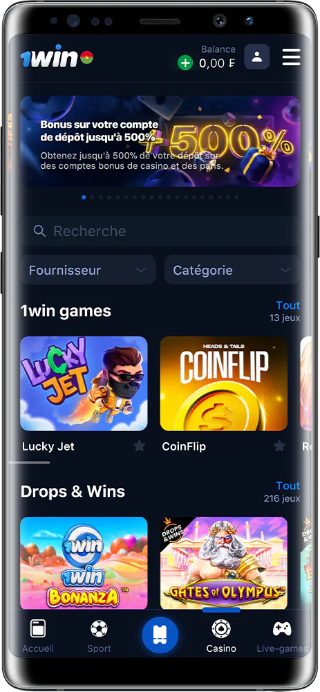 Capture d'écran du casino en ligne dans l'application 1Win