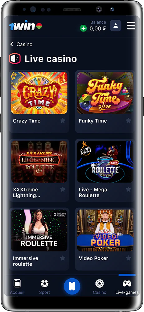 Capture d'écran du casino en direct dans l'application 1Win